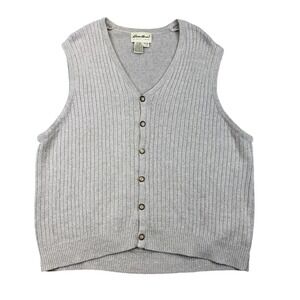 Eddie Bauer Sweater Vest Mens Large Gray Linen Cotton Ribbed Button Front V Neck